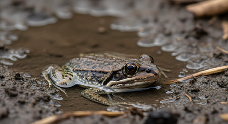 A brown and green frog sits partially submerged in a muddy puddle surrounded by damp earth. The amphibians textured skin and large eye are in sharp focus while the water reflects the ambient light. This close-up nature shot depicts the frog in its natural wetland habitat.の素材