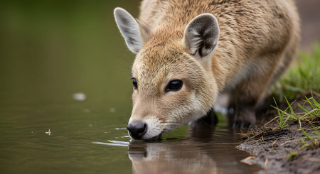 A young deer bends down to drink water from a calm pond, with its reflection visible on the surface. The close-up shot captures the wild animal's delicate features and alert demeanor in a natural habitat.の素材