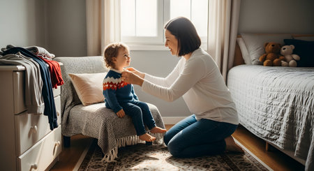 A smiling mother helps her toddler son put on a sweater in a sunlit bedroom. The tender moment highlights the caring relationship and daily morning routines of a family.の素材