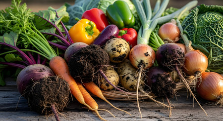 A woven basket overflows with a colorful variety of fresh vegetables, including beets, onions, peppers, and carrots. The vibrant composition celebrates the abundance of a healthy, organic garden harvest.の素材