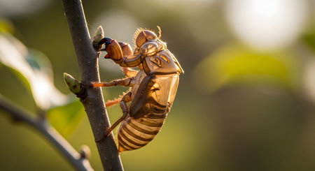 A golden-brown cicada shell clings to a tree branch, illuminated by warm sunlight. The close-up shot details the exoskeleton left behind after the insect's molting process.の素材