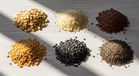 Six distinct piles of different healthy seeds, including sunflower, flax, and sesame, arranged on a light wooden surface. The image showcases a variety of superfood ingredients for a nutritious diet.の素材