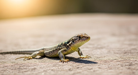 A small, alert lizard basking on a flat, sunlit stone surface. The reptile's details are sharp against the warm, textured rock and a soft blurred background.の素材