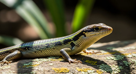 A skink lizard with smooth, shiny scales basking on a textured rock surface in the sunlight. The reptile is captured in close-up against a blurred natural green background.の素材