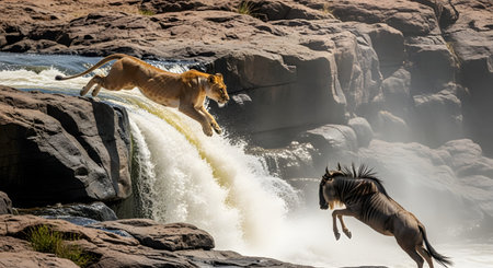 A dramatic action shot of a lioness leaping across a rocky waterfall to attack a fleeing wildebeest. The scene captures the raw power and intensity of a predator-prey interaction in the African wild.の素材
