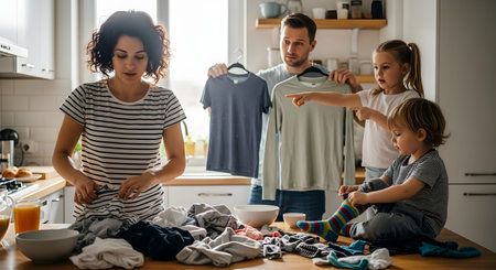 A family sorts through a pile of laundry on a wooden table in a bright home interior. Parents and children are engaged in the household chore, holding up various garments.の素材