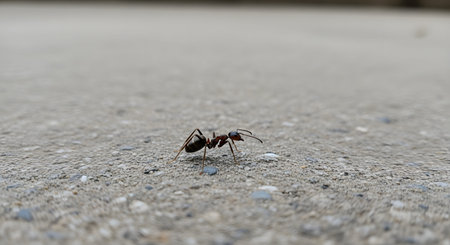 A single black ant walks across a grey concrete pavement. The extreme close-up highlights the ant's anatomy and isolation against the expansive, textured urban surface.の素材