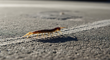 A centipede crawling across a rough concrete or asphalt surface, casting a long shadow. The image highlights the many legs and segmented body of this arthropod in natural light.の素材