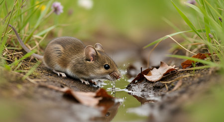A small wood mouse crouches at the edge of a tiny stream or puddle to drink water. The scene is framed by green grass and fallen leaves, capturing a quiet moment of wildlife in a natural habitat.の素材