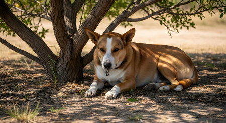 A brown and white dog rests comfortably in the shade under a tree, escaping the heat of the day. The dog lies on the dirt ground with green foliage in the background, appearing calm and observant.の素材
