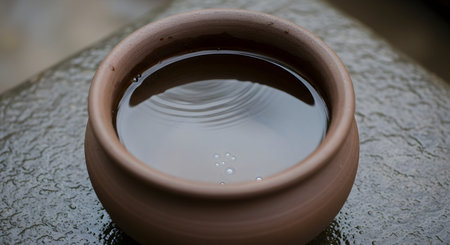 A rustic brown clay pot filled with water sits on a wet stone surface, with subtle ripples disturbing the liquid. The composition evokes a sense of traditional simplicity and zen-like calm during a rainy day.の素材