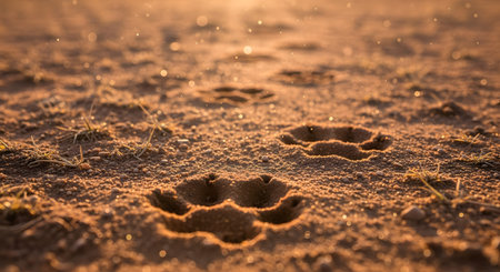 A trail of animal paw prints is deeply impressed into sandy ground, illuminated by warm, low-angle sunset light. The image evokes a sense of journey and the presence of wildlife or pets in nature.の素材