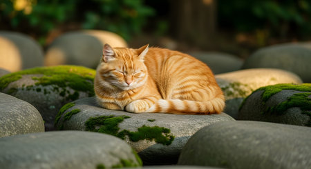 A ginger tabby cat sleeps peacefully curled up on a large, smooth stone in a garden. The warm sunlight illuminates the cat's fur and the mossy rocks surrounding it, creating a serene and comfortable atmosphere.の素材