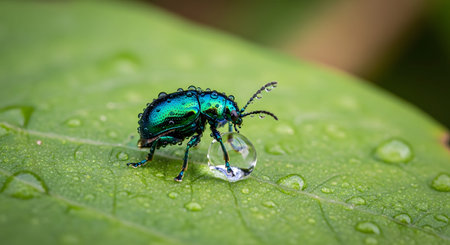 A stunning metallic green beetle stands on a leaf next to a large, clear water droplet. The macro shot captures the insect's reflection in the water and the vibrant texture of the leaf.の素材