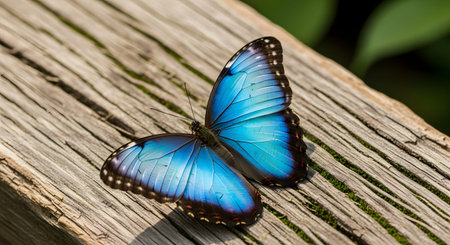 A stunning Blue Morpho butterfly rests on a weathered wooden log with its vibrant blue wings spread open. The iridescent wings feature black edges and white spots, contrasting beautifully against the blurred green background of nature.の素材