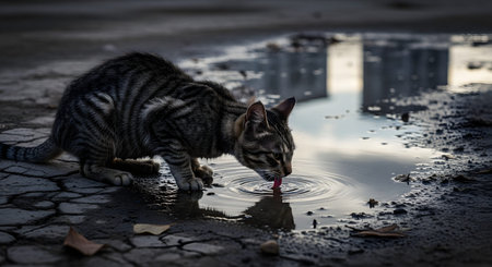 A tabby cat crouches low on cracked ground to drink from a rain puddle. The cat's reflection is mirrored in the water, capturing a moment of urban wildlife survival or a thirsty outdoor pet.の素材