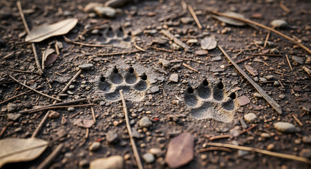 Deep animal paw prints are impressed into the damp, muddy soil of a forest floor, surrounded by twigs and dry leaves. The tracks track the path of a canine or similar wildlife creature through the natural wilderness.の素材