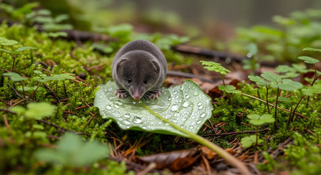 A tiny shrew stands on a large green leaf covered in water droplets on the forest floor. The close-up shot highlights the animal's whiskers and wet fur in its natural woodland habitat.の素材