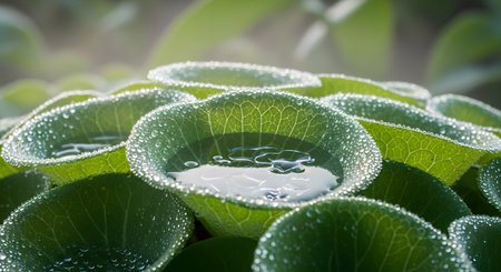 Unique green leaves shaped like small cups collect fresh rainwater droplets. The macro shot emphasizes the intricate vein structure of the plant and the purity of the water gathered in nature.の素材