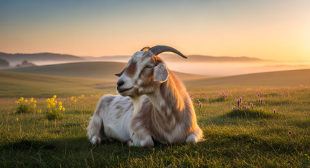 A goat with curved horns rests peacefully in a grassy field during a misty sunrise. The golden light bathes the rolling hills and wildflowers in the background, creating a serene pastoral landscape.の素材