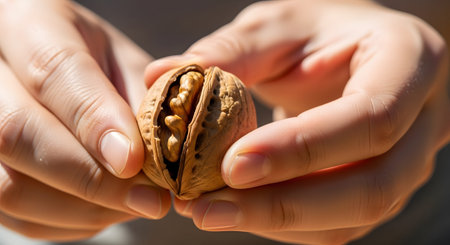 Close-up of hands prying open a walnut shell to reveal the nut inside. The image focuses on the texture of the shell and the hands, highlighting a theme of natural, healthy snacking.の素材