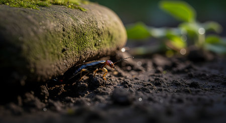 A macro photograph of an earwig crawling out from under a moss-covered stone on dark soil. The image captures the details of the insect's pincers and body in its natural, damp ground habitat.の素材