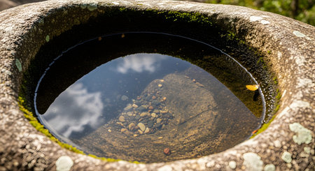 A natural hollow in a mossy rock is filled with clear water, revealing small colorful pebbles at the bottom. The still water reflects the sky, creating a peaceful and textured nature detail shot.の素材