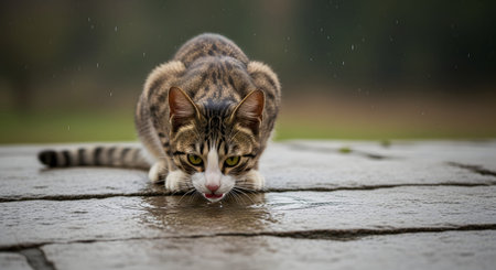 A tabby cat crouching low to drink rainwater from a puddle on a wet paved surface. The reflection of the cat's face is visible in the water, creating a symmetrical and moody atmosphere during a rainy day.の素材