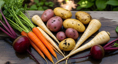 A rustic display of freshly harvested root vegetables, including orange carrots, potatoes, parsnips, and a beetroot, placed on a wet wooden table. The vegetables still have some soil on them and fresh green tops, emphasizing farm-to-table freshness.の素材
