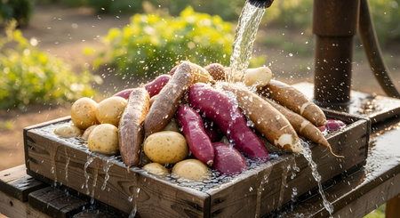 Freshly harvested root vegetables, including potatoes and cassava, being washed in a wooden crate with a stream of water from a hose. The sunlight illuminates the splashing water, highlighting the farm-fresh quality of the produce.の素材