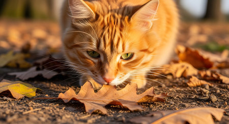 A ginger cat lowers its head to sniff a dry brown oak leaf on the ground, illuminated by warm sunlight. The scene captures the curiosity of a pet exploring the textures and scents of the autumn season.の素材