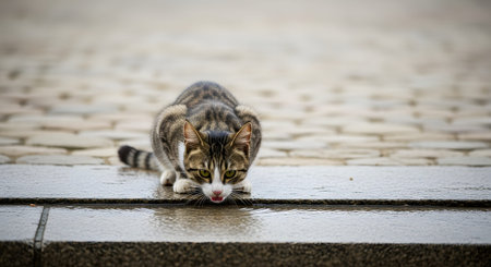 A tabby cat crouching low on a paved stone surface to drink from a shallow pool of rainwater. The blurred background emphasizes the animal's alertness and the urban outdoor environment.の素材
