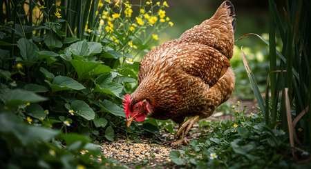 A brown hen foraging for food and pecking at seeds scattered on the ground amidst green garden plants. The image captures the natural behavior of free-range poultry in a lush outdoor setting.の素材