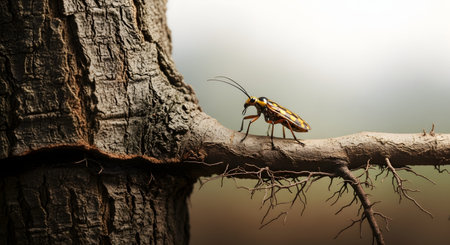 A yellow and black spotted beetle walking along a textured tree root or branch. The macro shot captures the insect's antennae and legs in sharp detail against a blurred background.の素材