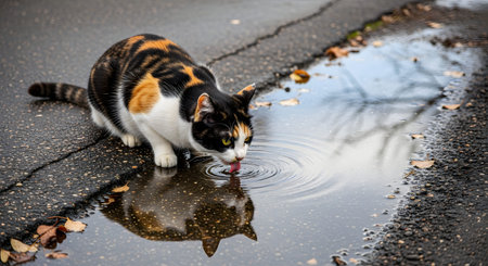 A calico cat crouches on a wet asphalt street to drink from a rain puddle. The cat's reflection is visible in the water, creating a candid moment of urban wildlife behavior.の素材
