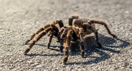A large, hairy tarantula spider crawling across a rough asphalt surface in bright sunlight. The close-up shot emphasizes the spider's textured legs and formidable appearance in an outdoor setting.の素材
