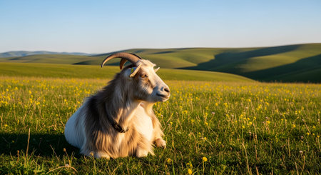 A horned goat rests comfortably in a lush green pasture filled with small yellow flowers, with rolling hills in the background. The warm sunlight illuminates the animal's fur in this peaceful rural landscape.の素材