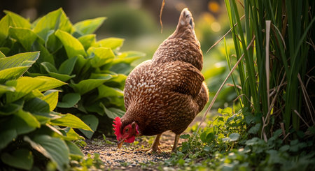 A brown hen forages for food in a garden, pecking at the ground near lush green hosta plants. The free-range chicken is captured in a natural, outdoor setting with soft lighting.の素材