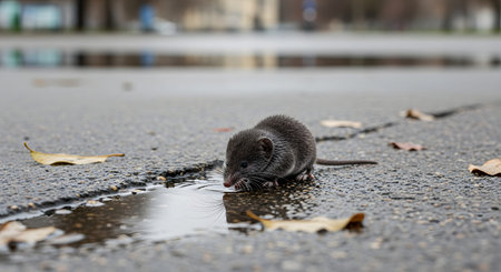 A small shrew drinking water from a puddle on an asphalt road. The image captures the tiny mammal's reflection and the urban environment mixed with fallen leaves.の素材