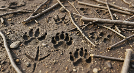 A patch of muddy ground reveals a variety of animal tracks, including mammal paw prints and bird footprints, amidst scattered twigs. The textured earth captures the passage of different wildlife species in a forest environment.の素材