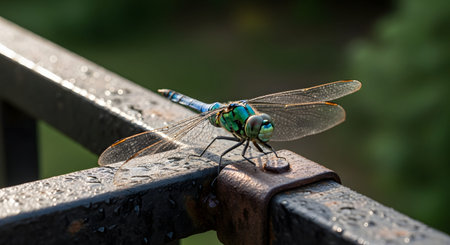 A blue and green dragonfly resting on a weathered, rusty metal railing. The insect's intricate wings and compound eyes are sharply detailed against a soft, blurred green natural background.の素材