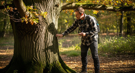 A male researcher stands beside a massive oak tree in a sunlit forest, touching the bark and holding a notebook. Dressed in outdoor gear with a backpack, he appears to be conducting an environmental survey or health assessment of the tree.の素材