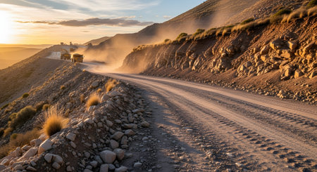 Heavy haul trucks navigate a winding dirt road within a massive open-pit mine, illuminated by the golden light of sunset. The scene captures the scale of industrial mining operations against a dusty, mountainous backdrop.の素材