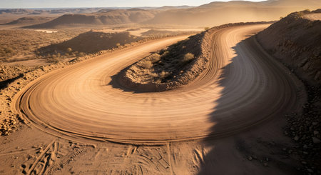 A winding dirt road curves sharply as it descends into a vast, arid canyon landscape bathed in golden hour light. Dust hovers in the air, emphasizing the remote and rugged nature of the terrain.の素材