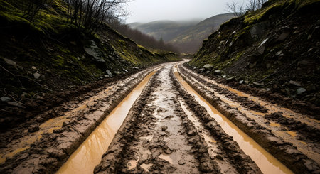 A muddy dirt road with deep, wet tire tracks winds through a foggy, hilly landscape. The scene depicts rugged terrain, off-road travel conditions, and the remote nature of the countryside on a rainy day.の素材