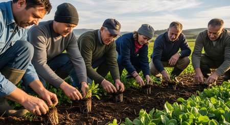 A diverse group of people kneels side-by-side in a field, planting young green seedlings into the rich brown soil. The image represents teamwork, community farming, and sustainable agricultural practices.の素材