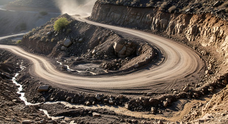 A winding dirt road curves sharply through a rugged, mountainous landscape, likely within a mining site. The dry, dusty terrain and rocky embankments emphasize the remote and industrial nature of the location.の素材