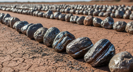 Rows of polished, round stones with a metallic sheen are neatly arranged on dry, cracked red earth. The image contrasts the smooth, reflective texture of the minerals with the arid ground, possibly a geological display.の素材