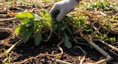 A close-up of a farmer's gloved hand pulling weeds from the soil in an agricultural field. The image captures the manual labor and attention to detail required for crop maintenance and field preparation.の素材