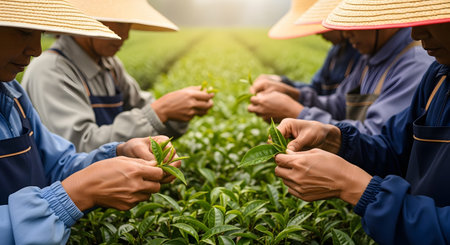 Close-up of tea pickers wearing traditional conical hats harvesting fresh green tea leaves on a plantation. The image captures the delicate manual labor and cultural heritage of tea cultivation in Asia.の素材